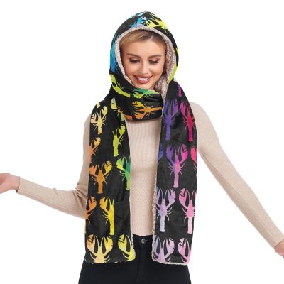 Hooded Scarf with Pockets Tie-dye-Crawfish-Rainbow Warm Long Hooded Scarf with Mittens
