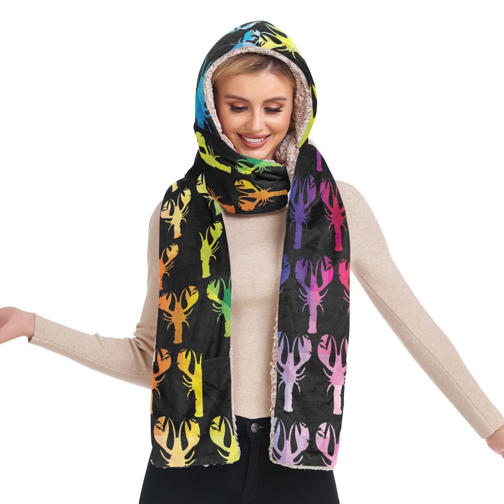 Hooded Scarf with Pockets Tie-dye-Crawfish-Rainbow Warm Long Hooded Scarf with Mittens