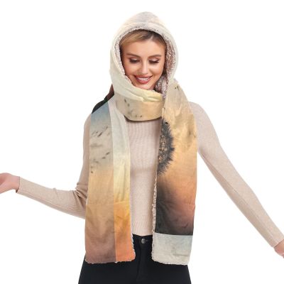 Hooded Scarf with Pockets Drifting-Dandelion-Sunshine Warm Long Hooded Scarf with Mittens Black