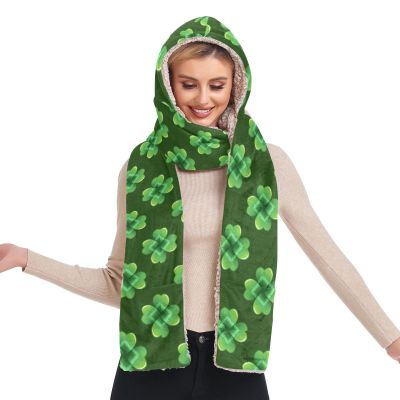 Hooded Scarf with Pockets Green-Clover-st Warm Long Hooded Scarf with Mittens
