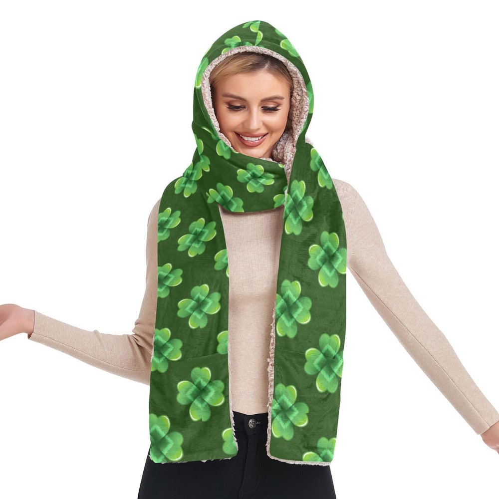 Hooded Scarf with Pockets Green-Clover-st Warm Long Hooded Scarf with Mittens