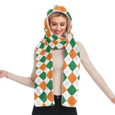 Hooded Scarf with Pockets St-Patrick-Green-Orange-Plaid Warm Long Hooded Scarf with Mittens