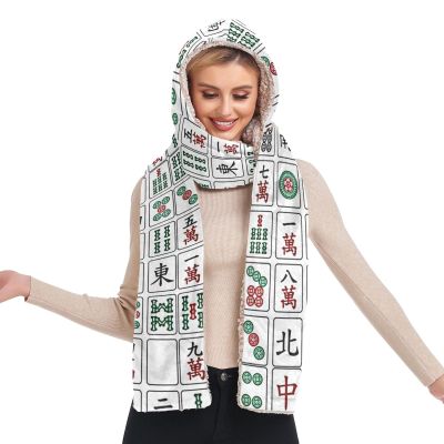 Hooded Scarf with Pockets Mahjong-China-Culture-Hipster Warm Long Hooded Scarf with Mittens Black