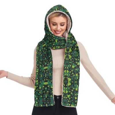 Hooded Scarf with Pockets St-Patricks-Party-Shamrock Warm Long Hooded Scarf with Mittens Black