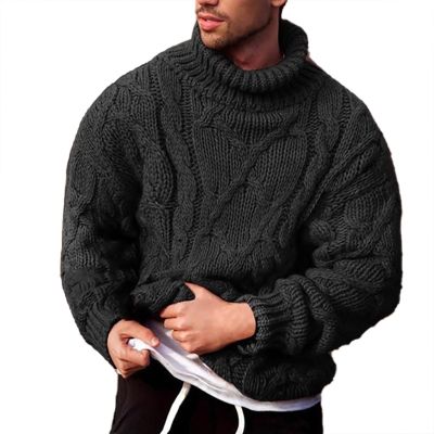 xoxingysm Mens Sweaters Turtleneck Cable Knitted Solid Color Pullover Long Sleeve High Collar Loose Fit Chunky Casual Fall Winter Basic Thermal Knitwear Black