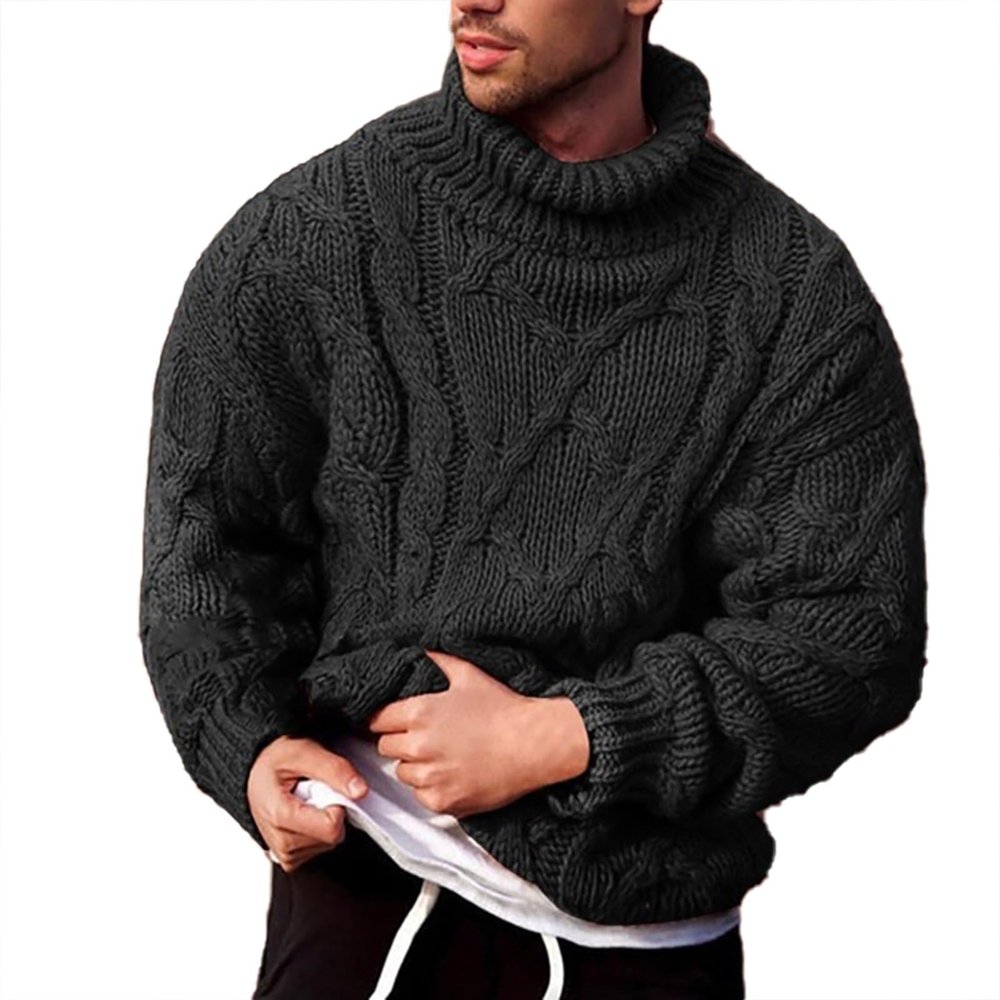 xoxingysm Mens Sweaters Turtleneck Cable Knitted Solid Color Pullover Long Sleeve High Collar Loose Fit Chunky Casual Fall Winter Basic Thermal Knitwear Black