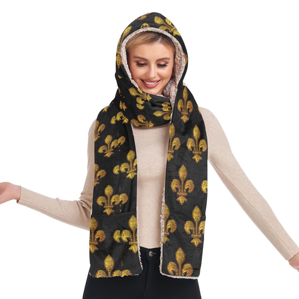 Hooded Scarf with Pockets Marie-Fleur-de-lis Warm Long Hooded Scarf with Mittens Black