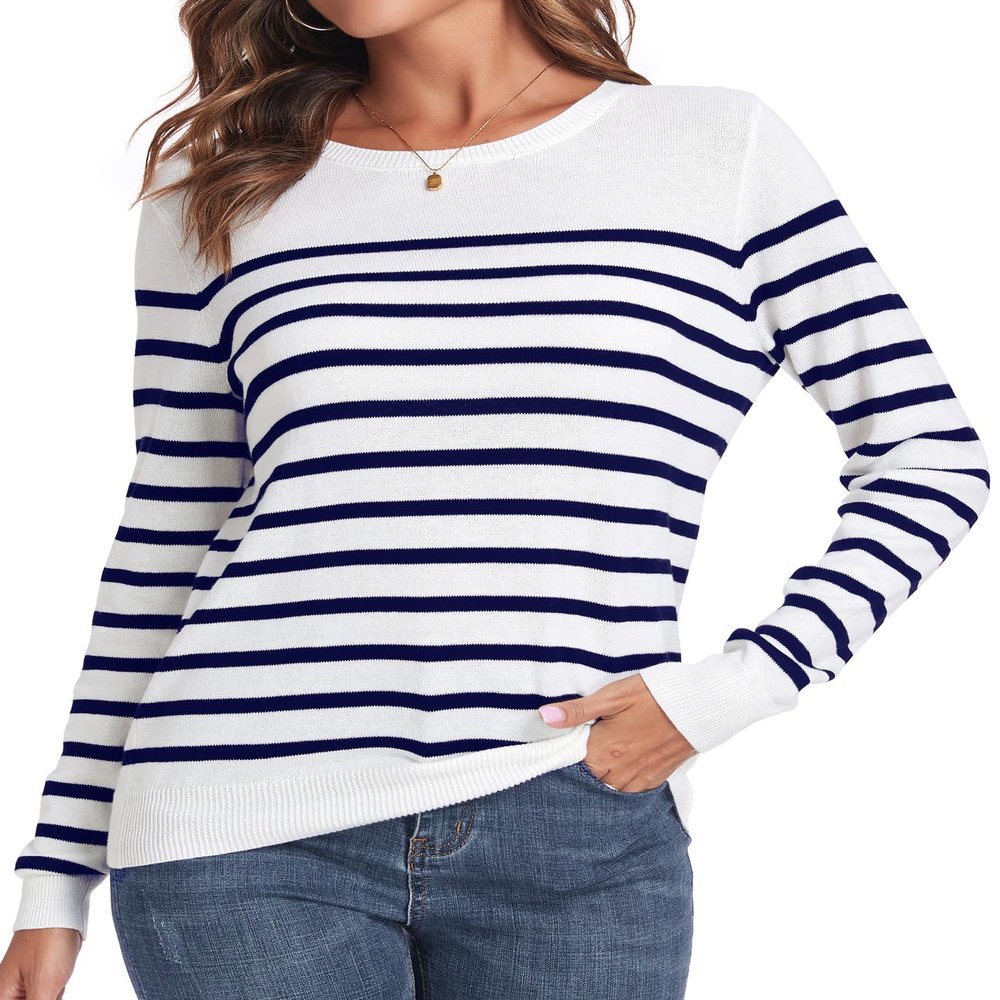 QUALFORT Women's 100% Cotton Sweater Crewneck Long Sleeve Knitted Jumpers Navy Stripe X-Large