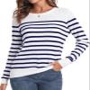 QUALFORT Women's 100% Cotton Sweater Crewneck Long Sleeve Knitted Jumpers Navy Stripe X-Large view 1