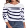 QUALFORT Women's 100% Cotton Sweater Crewneck Long Sleeve Knitted Jumpers Navy Stripe X-Large view 2