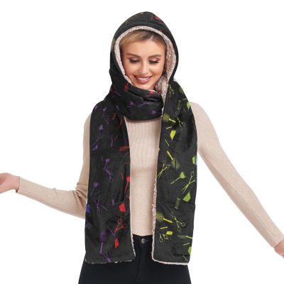 Hooded Scarf with Pockets Hairdresser-Haircut-Tool Warm Long Hooded Scarf with Mittens Black