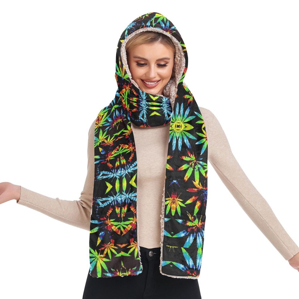 Hooded Scarf with Pockets Tie-dye-Pot-Leaf-Weeds Warm Long Hooded Scarf with Mittens Black