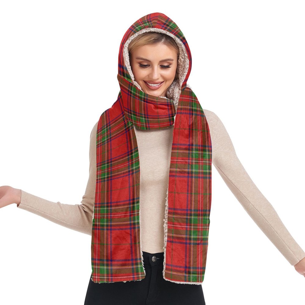 Hooded Scarf with Pockets Red-Scottish-Pattern Warm Long Hooded Scarf with Mittens