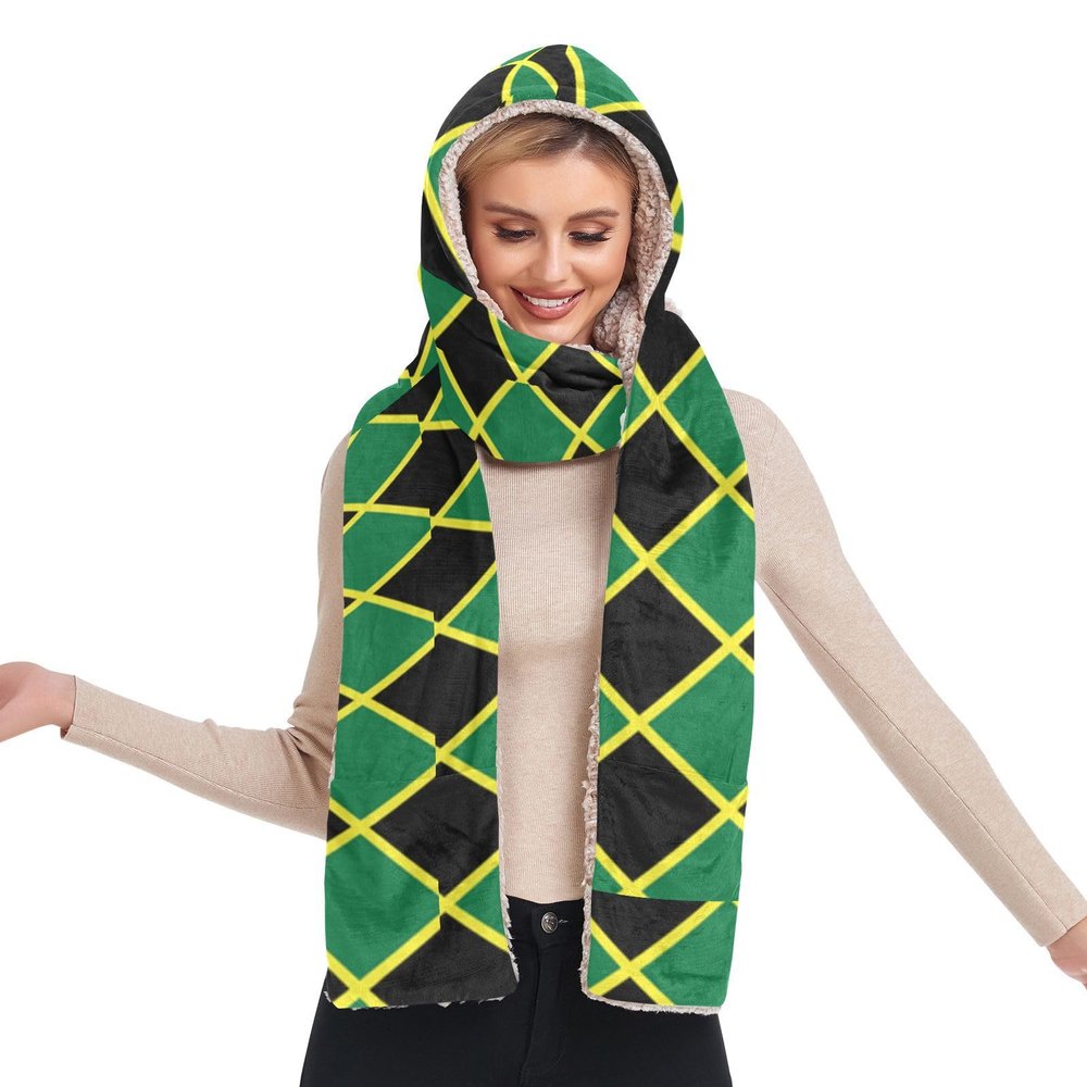 Hooded Scarf with Pockets Jamaican-Flag-Stripe-Caribbean Warm Long Hooded Scarf with Mittens Black