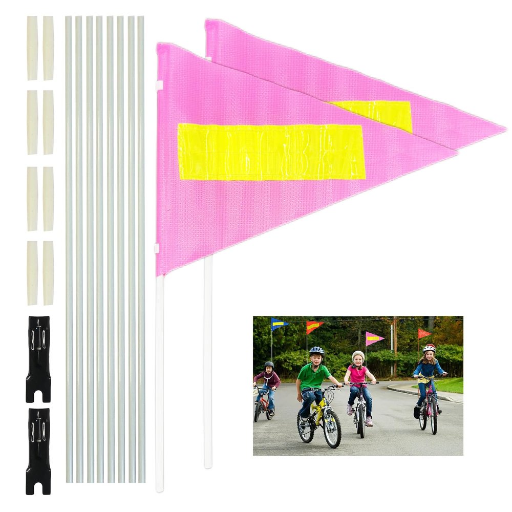 Bike Safety Flag with Pole 2 Sets, 6-Foot Adjustable Height Sturdy Fiberglass Tear-Resistant Waterproof Pink Safety Flag (PINK)