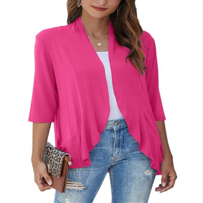 Bluetime Women Casual Lightweight Open Front Cardigans Soft Draped Ruffles 3/4 Sleeve Cardigan (XL, Rose Red)
