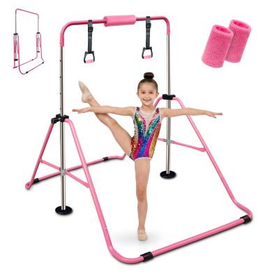 Gymnastics Bar for Kids 3-12 Years - Adjustable Height Horizontal Monkey Bars with 300lbs Capacity, Folding Home Gym Equipment & Non-Slip Base for Junior Training (Boys, Girls)