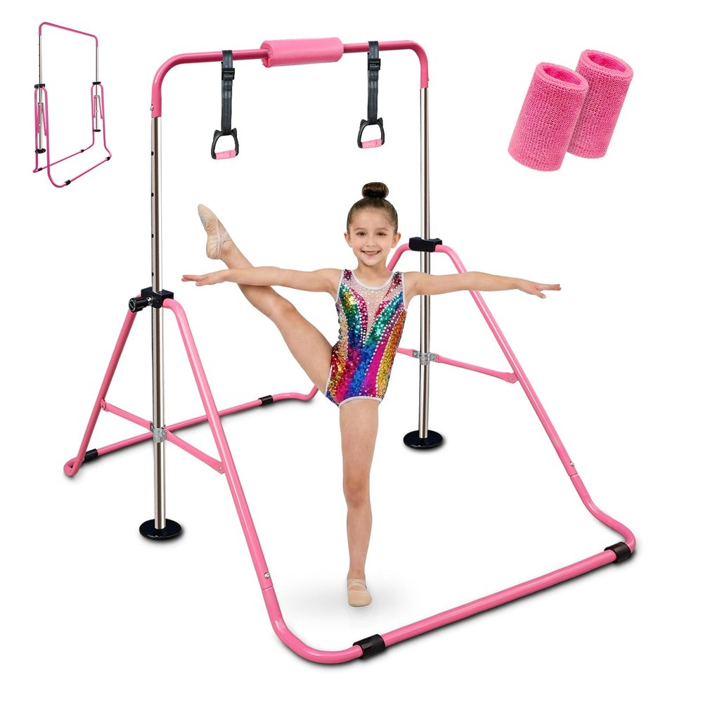 Gymnastics Bar for Kids 3-12 Years - Adjustable Height Horizontal Monkey Bars with 300lbs Capacity, Folding Home Gym Equipment & Non-Slip Base for Junior Training (Boys, Girls)