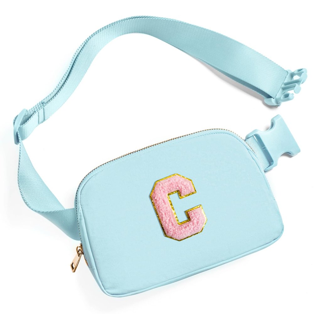 Gitus Gifts for 7 8 9 10 11 Year Old Girls Belt Bag Fanny Pack Crossbody Bags with Initial Letter Patch Birthday Gifts for Daughter Sister Friends Teen girls (Icing Blue-C)