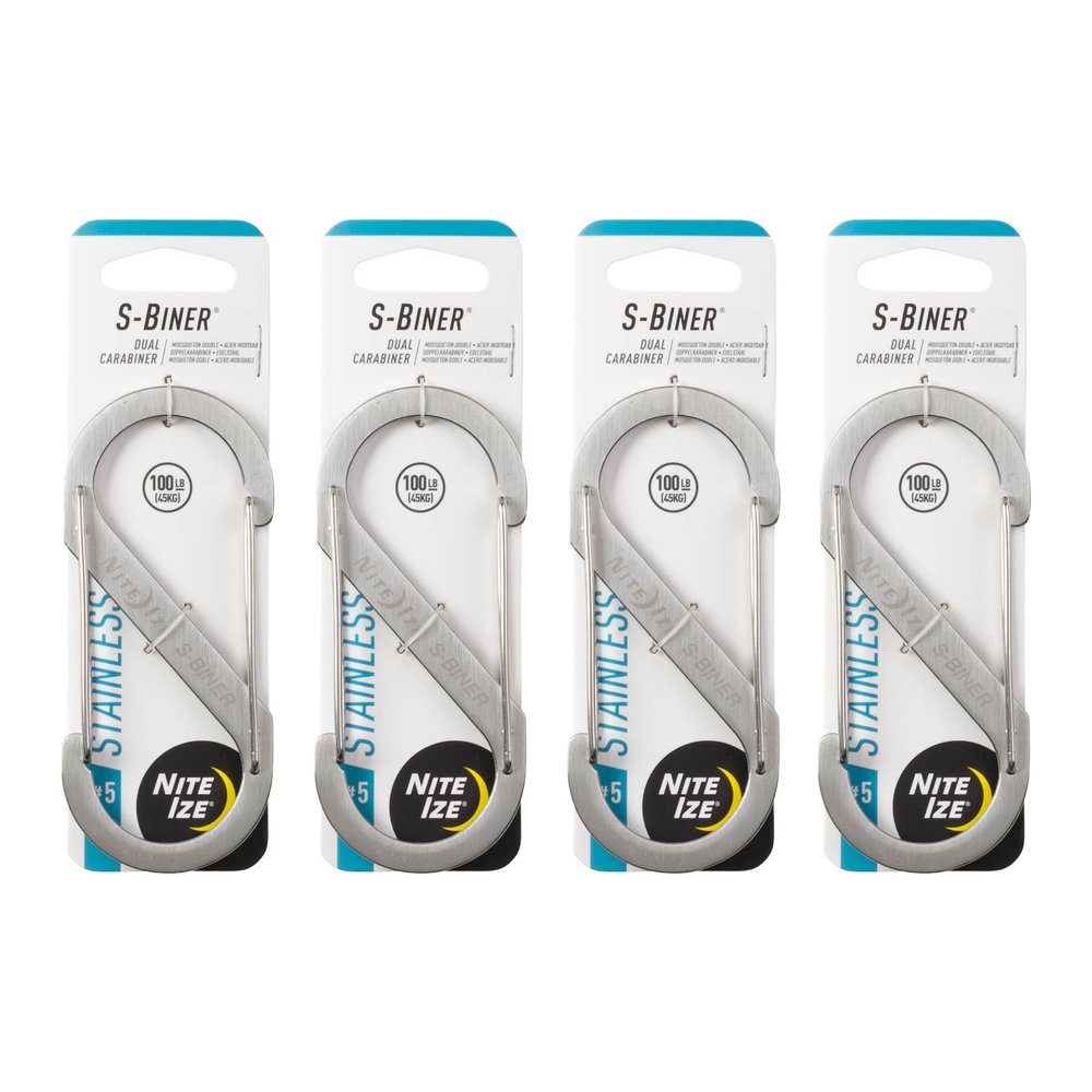 Nite Ize S-Biner Stainless Steel Dual Carabiner - Multi Purpose Dual Carabiner Clip - Great for Camping Supplies & Hiking Essentials - Secure Key Holder - Size 5, Stainless Steel (4 Pack)