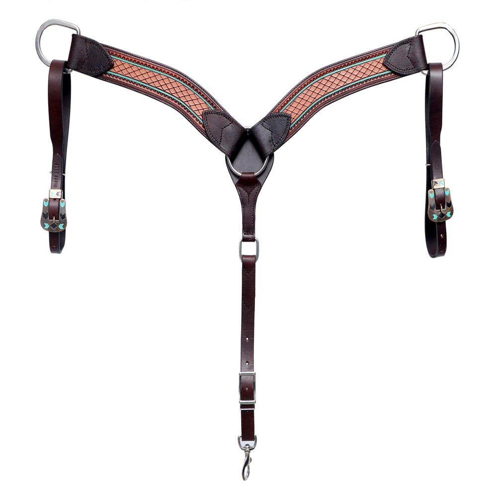 BLACK HOOF | Turquoise Painted | Tooled American Leather Breastcollar with Turquoise Enameled Arrow Buckle| Barrel Racing