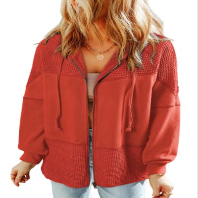 Dokotoo Womens Jackets Lightweight Trendy Waffle Knit Drawstring Contrast 2025 Fashion Hoodies for Ladies Zip Up Tops Fall Outfits Tops,Brick XX-Large
