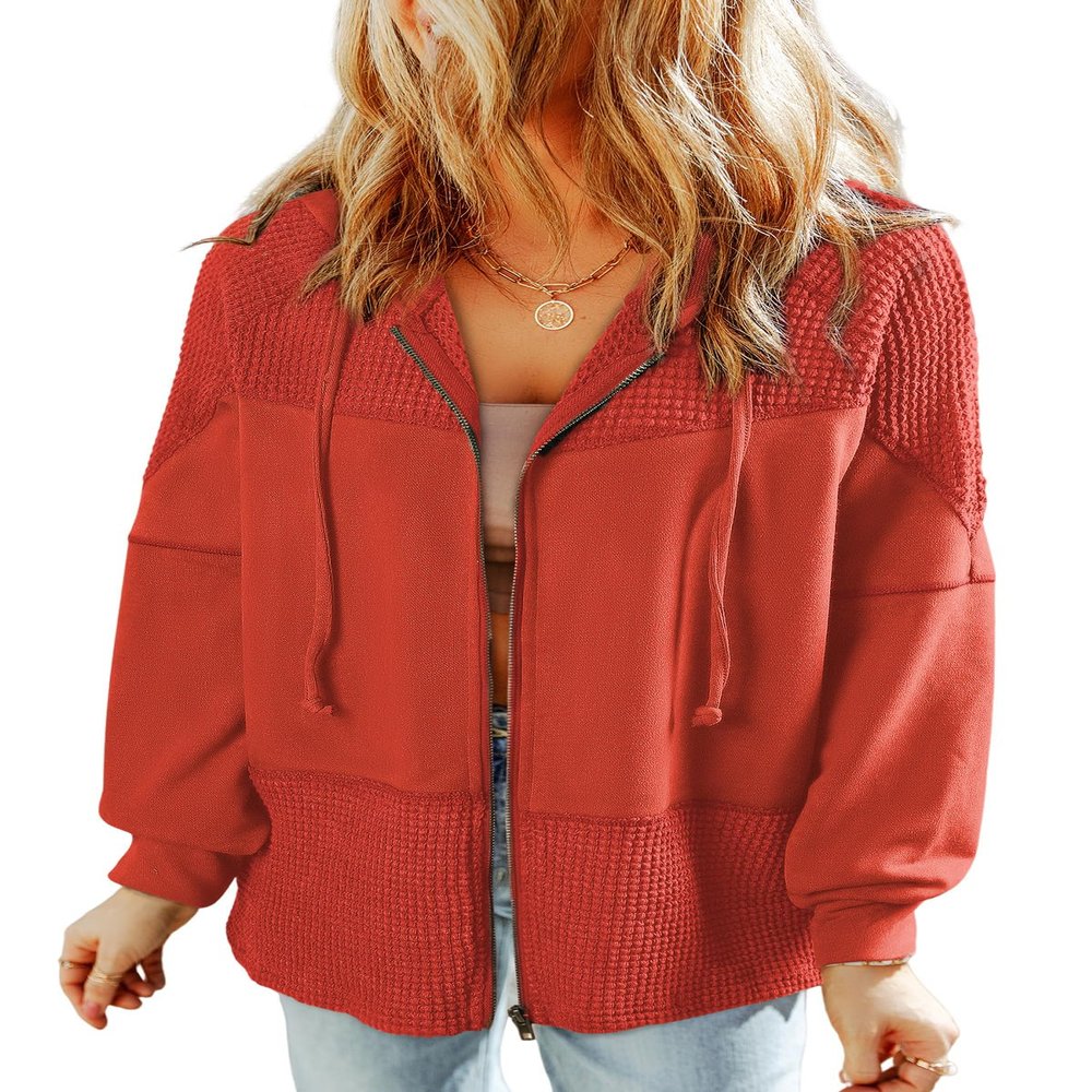 Dokotoo Womens Jackets Lightweight Trendy Waffle Knit Drawstring Contrast 2025 Fashion Hoodies for Ladies Zip Up Tops Fall Outfits Tops,Brick XX-Large