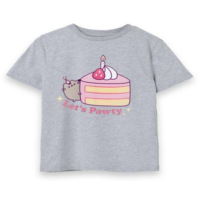 Pusheen Girls Party T-Shirt | Young Ladies Lets Pawty Birthday Cake Graphic Tee | Cute Kitty Cat Apparel Grey