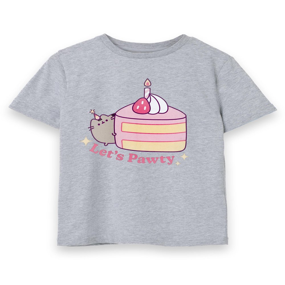 Pusheen Girls Party T-Shirt | Young Ladies Lets Pawty Birthday Cake Graphic Tee | Cute Kitty Cat Apparel Grey