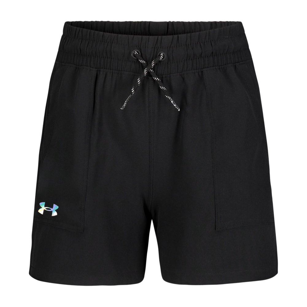 Under Armour Girls' Active Woven Shorts, Moisture-Wicking 4-Way Stretch Fabric, Outdoor Collection, Base Black, YXL