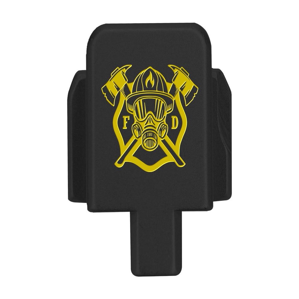 NDZ Performance Slide Cover Back Plate for Sig P320 Series 9 mm .40 .357 .45 ACP, Black Aluminum with Light Gold Laser Engraved US Flag Patriotic Images - Fire Department Axe Mask