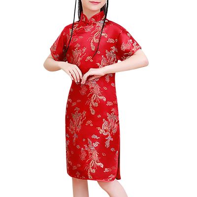 Girls Dress Kids Short Sleeve Stand up Collar Plated Buckle Chinese Cheongsam New Year's Gown Holiday (Red, 9-10 Years)