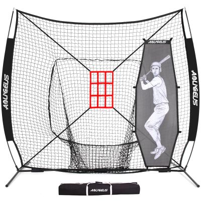 AOLIGEIJS 7'X7' Baseball Softball Practice Net,Pitching Net,Batting Net,with Baseball Tee,Bonus Strike Zone and Bow Frame,for Hitting,Pitching, Catching (Black Net + Batter Dummy)