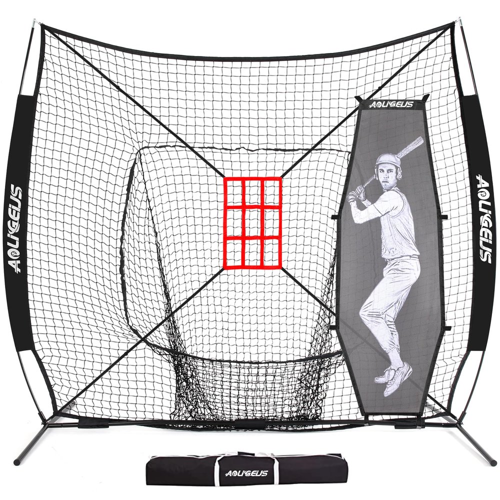 AOLIGEIJS 7'X7' Baseball Softball Practice Net,Pitching Net,Batting Net,with Baseball Tee,Bonus Strike Zone and Bow Frame,for Hitting,Pitching, Catching (Black Net + Batter Dummy)
