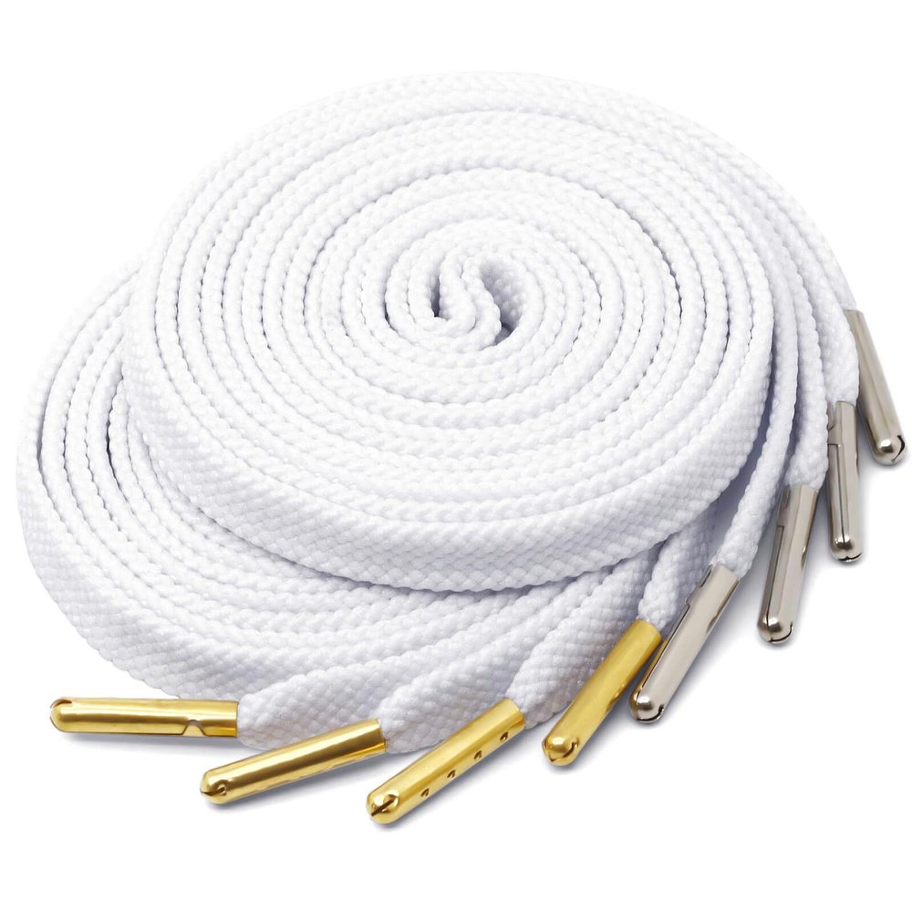 YJRVFINE Solid Flat Shoe Laces: Metal Tips Thick Shoelaces for Sneakers White 51 Inch 2 Pair