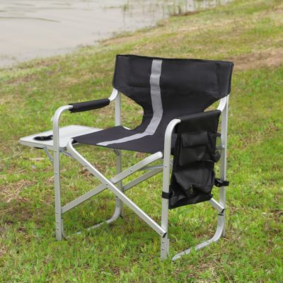 1 Pcs Padded Folding Outdoor Chair with Side Table and Storage Pockets,Lightweight Oversized Directors Chair for Indoor, Outdoor Camping, Picnics and Fishing,Black,Grey
