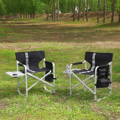 2 Pcs Padded Folding Outdoor Chair with Side Table and Storage Pockets,Lightweight Oversized Directors Chair for Indoor, Outdoor Camping, Picnics and Fishing,Black,Grey