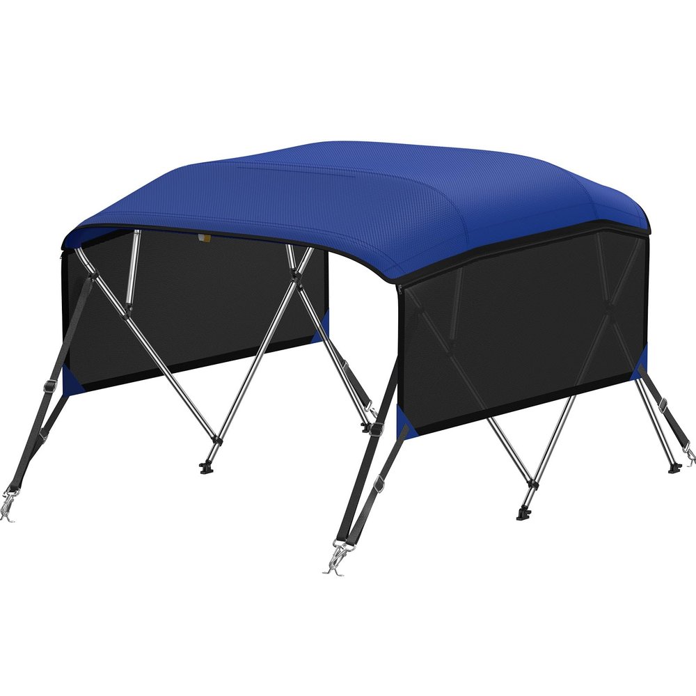 KAKIT Bimini Tops with Mesh Sidewalls Support Poles for Boats Marine Grade Canvas Top Includes 2 Straps Storage Boot 1 Inch Aluminum Frame(4 Bow 8'L x 54" H x 61"-66" W,Navy)