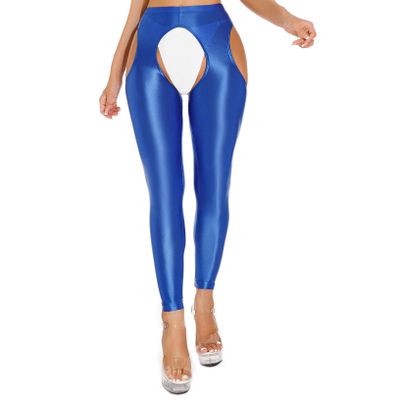 Oyolan Women's Glossy Cutout Opaque Pantyhose High Waist Stockings Gym Yoga Leggings Tights Blue Medium