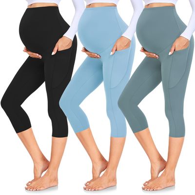 GROTEEN 3 Pack Women's Maternity Capri Leggings Over The Belly with Pockets Maternity Shorts Summer Pregnant Clothes Black/Light Blue/Turquoise Blue