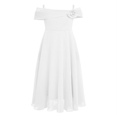 Sywiyi Kids Flower Girls Off Shoulder Prom Gown Chiffon Junior Bridesmaid Dress Wedding Pageant Maxi Dress 03 Ivory 6 Years