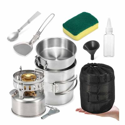 9pcs Stainless Steel Camping Cookware Mess Kit with Gasoline Stove Cooking Pot Pan Oil Bottle