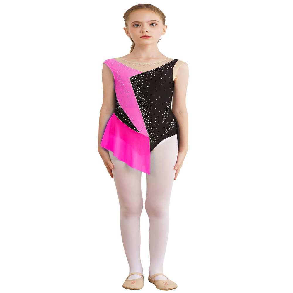 JEATHA Kids Girls Shiny Rhinestones Sleeveless Figure Skating Dress Dance Costume Ballet Dancewear Hot Pink E 16 Years