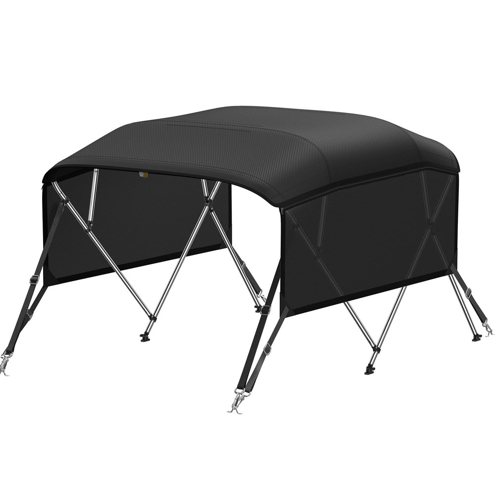 KAKIT Bimini Tops with Mesh Sidewalls Support Poles for Boats Marine Grade Canvas Top Includes 2 Straps Storage Boot 1 Inch Aluminum Frame(4 Bow 8'L x 54" H x 54"-60" W,Black)
