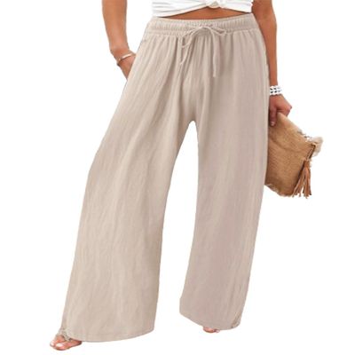 Geleglaer Womens Apricot Plus Size High Waisted Palazzo Pants - Flowy Wide Leg Linen Pants - Casual Loose Fit Long Pants With Drawstring