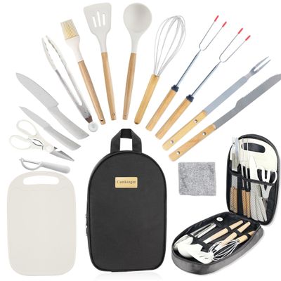 Camkinger Camping Accessories Kitchen Cooking Utensils Set - Portable Outdoor Camp Cookware Set, Silicone Camper Essentials Gear Must Have Supplies for Travel RV BBQ Grill Picnic Hiking