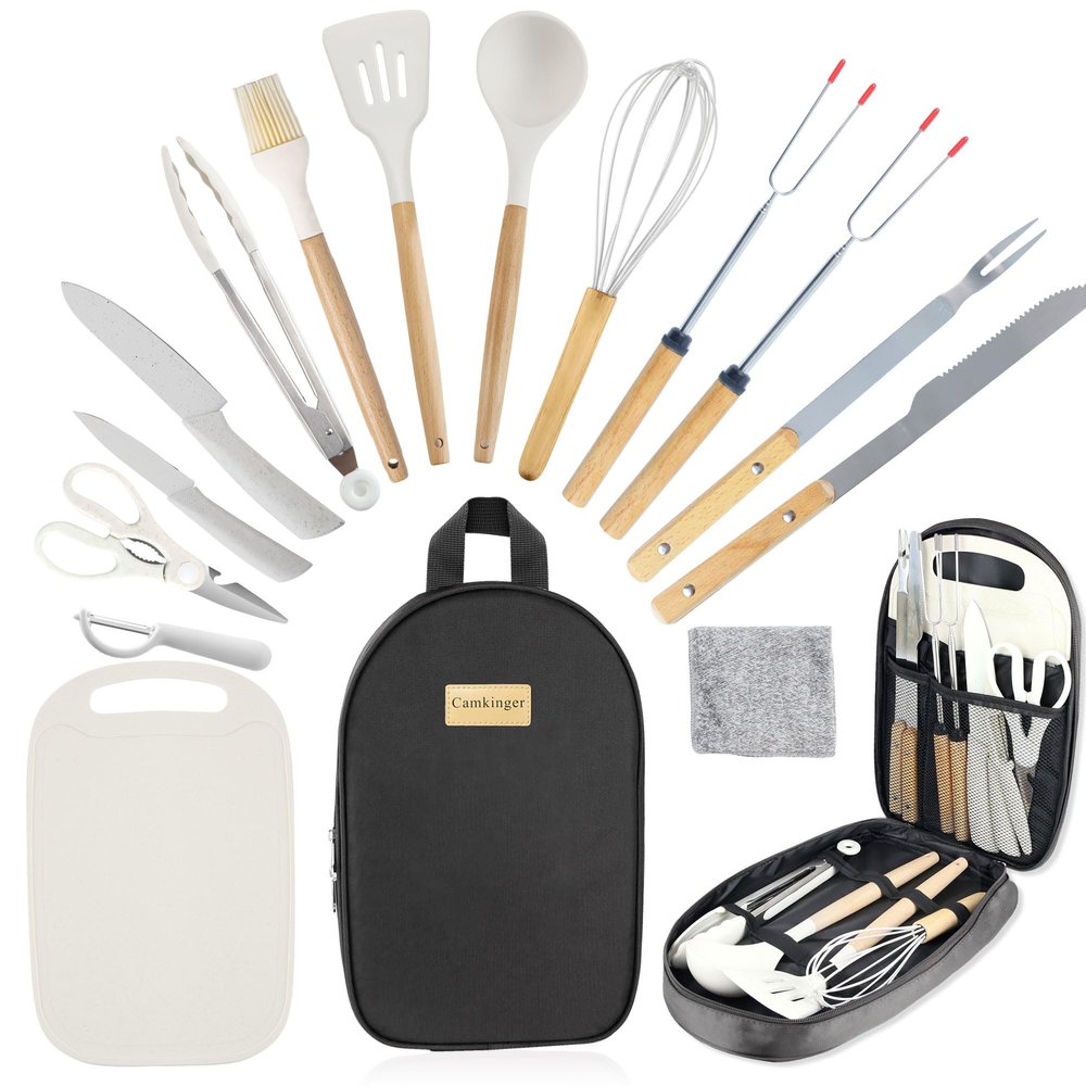 Camkinger Camping Accessories Kitchen Cooking Utensils Set - Portable Outdoor Camp Cookware Set, Silicone Camper Essentials Gear Must Have Supplies for Travel RV BBQ Grill Picnic Hiking
