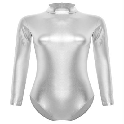 Miutii Women's Shiny Turtleneck Long Sleeve Leotard Gymnastics Leotards Bodysuit Dance Costumes Silver A Small