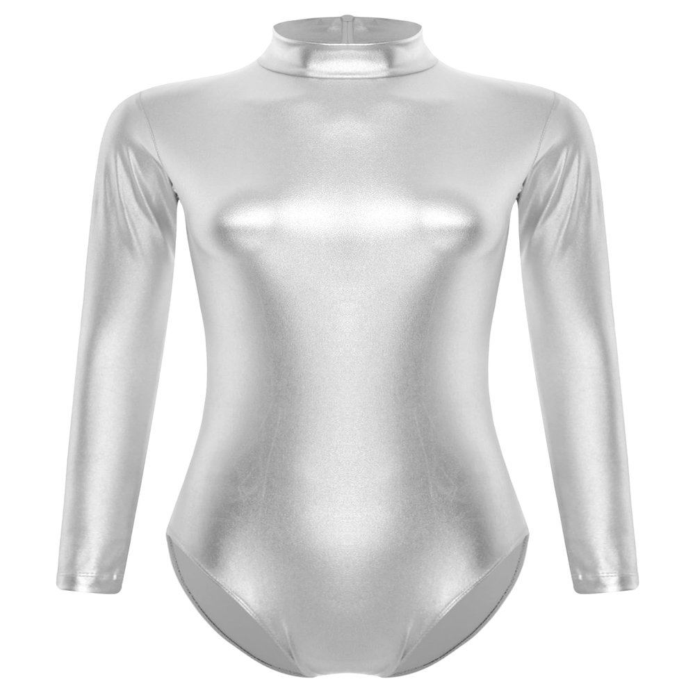 Miutii Women's Shiny Turtleneck Long Sleeve Leotard Gymnastics Leotards Bodysuit Dance Costumes Silver A Small