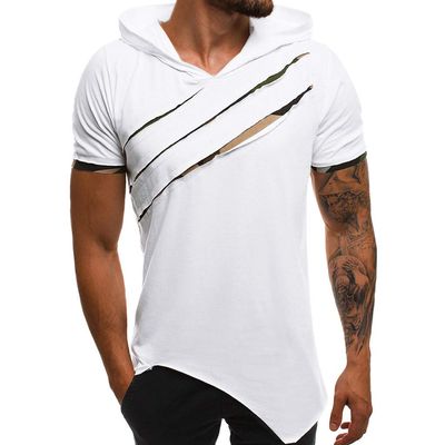 Mens Workout Tops with Hood Short Sleeve Gym Hip Hop Casual T-Shirt Lightweight Relaxed Stylish Muscle Athletic Streetwear Tees White